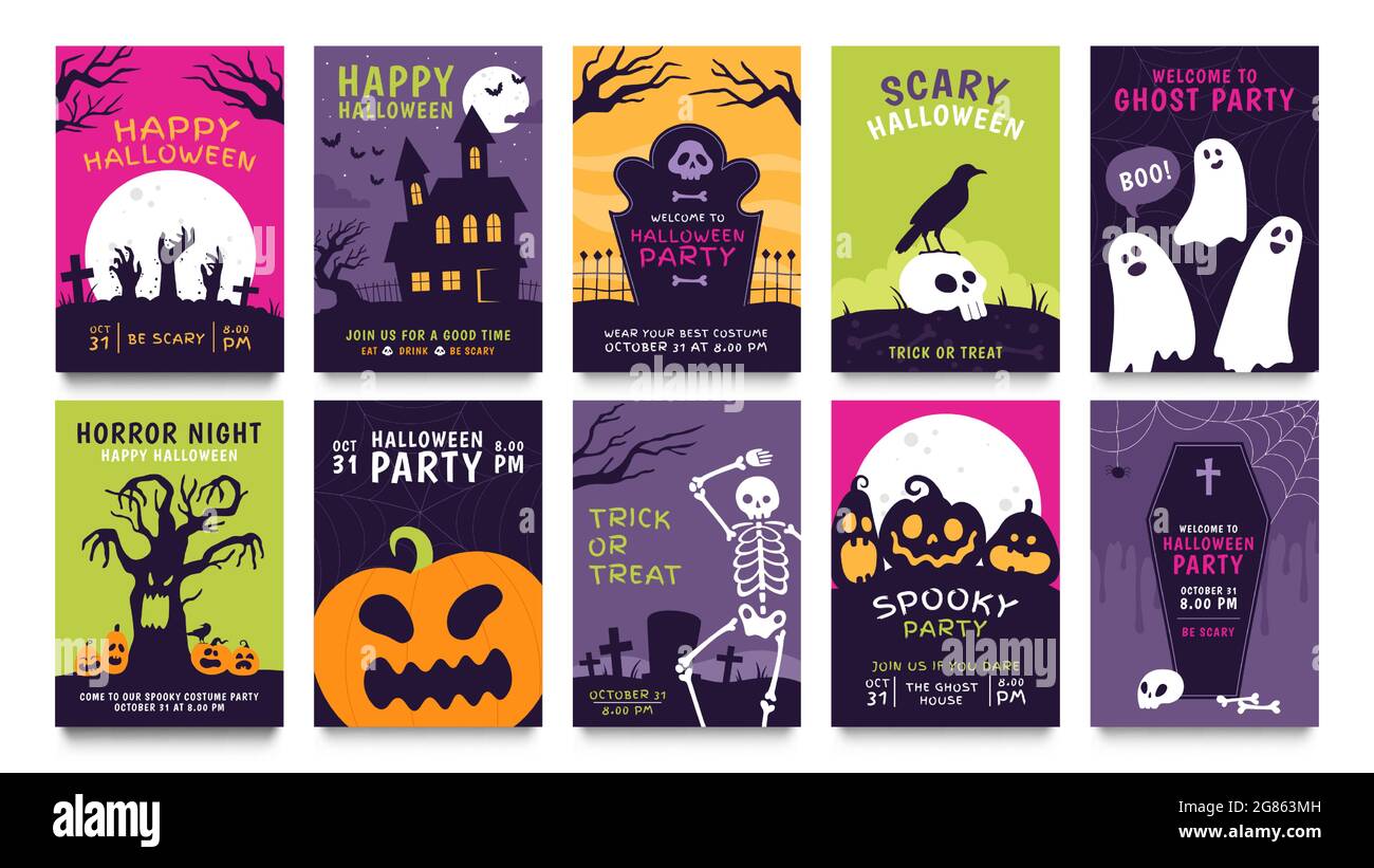 Posters for halloween party. Horror movie night flyer, ticket and trick or treat invitation with skeleton, zombie, scary pumpkin vector set Stock Vector