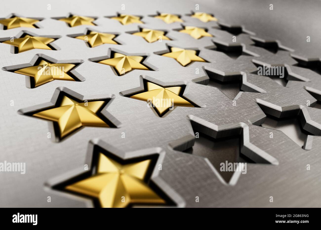 Rating stars table with 5,4,3,2,1 stars. 3D illustration. Stock Photo