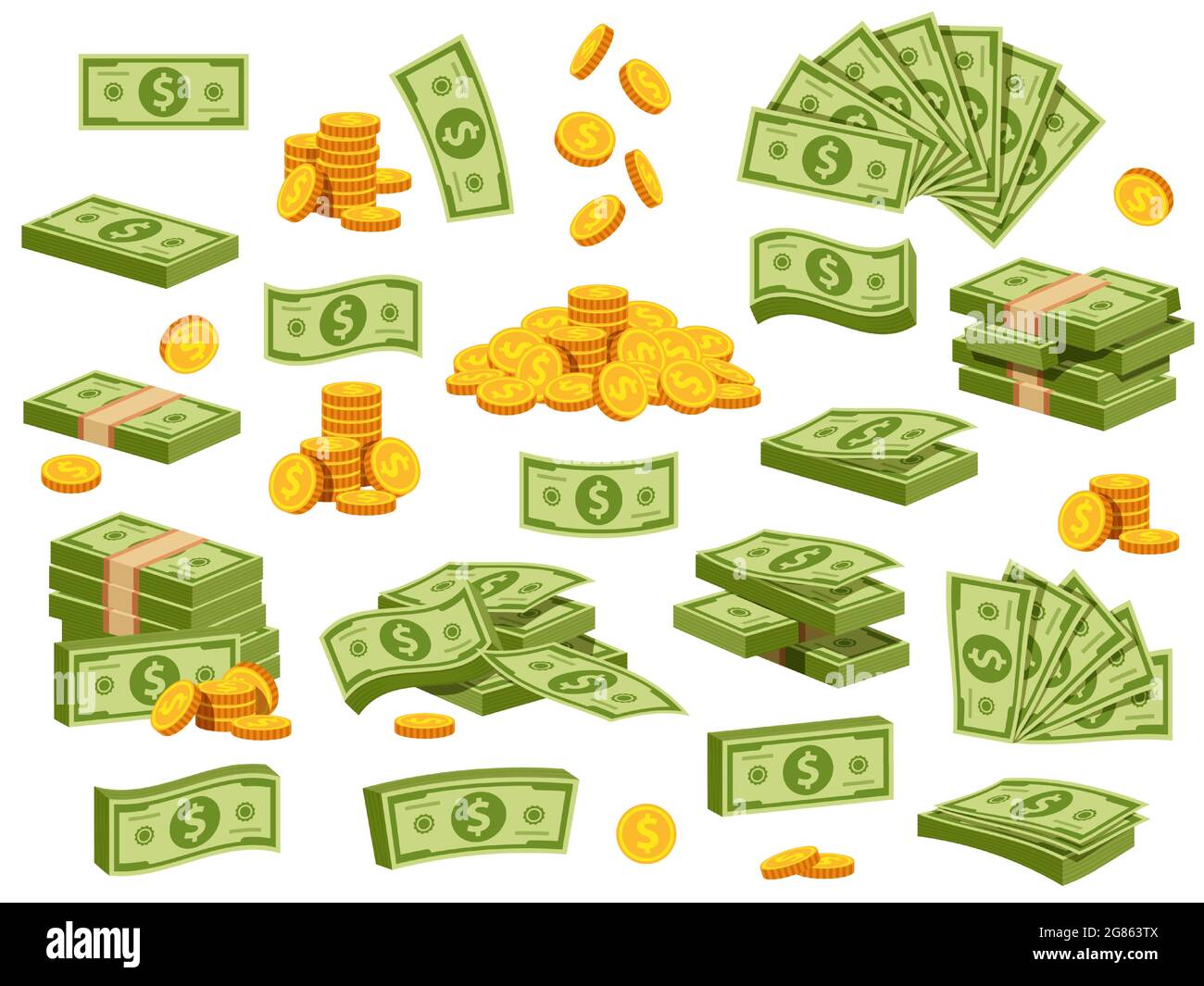 Cartoon banknotes and coins. Green dollar bill packs, bundles, stacks and  piles. Flying banknote and falling gold coin. Bank cash vector set Stock  Vector Image & Art - Alamy