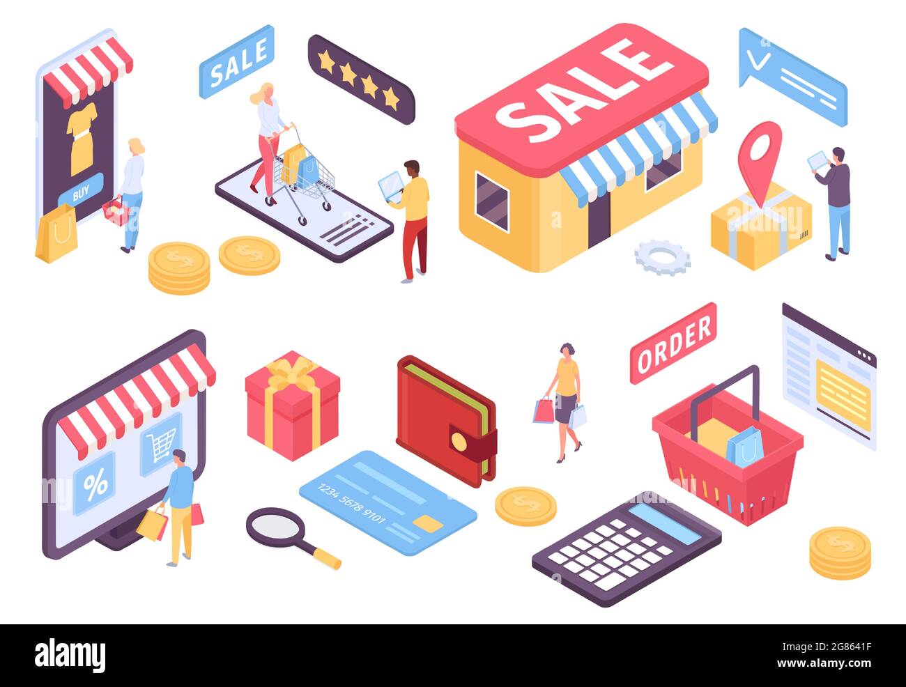 Isometric online shopping. Ecommerce mobile application for marketplace, shop discount and payment. Customers with bags and carts vector set Stock Vector