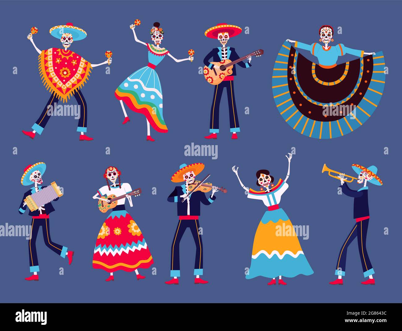 Day of dead skeletons. Mexican dia de los muertos skeleton dancers characters. Catrina, mariachi musicians skeletons with guitar vector set Stock Vector