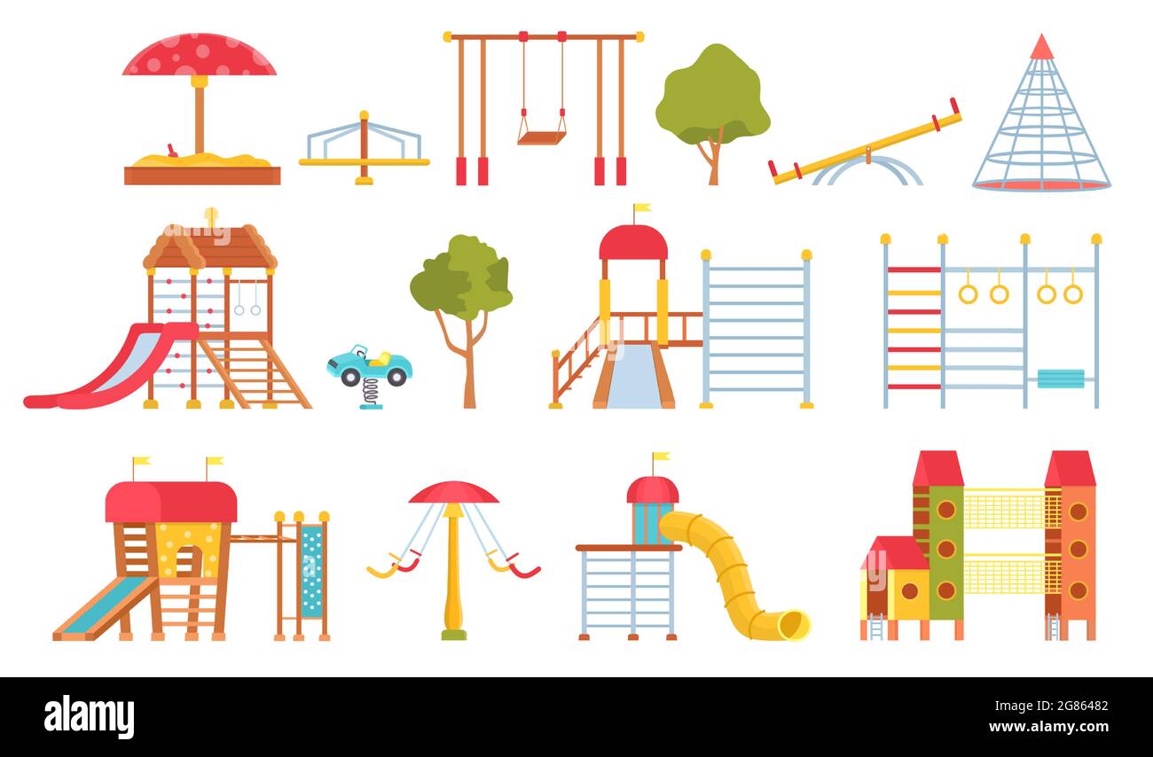 Playground equipment. Kids park carousels, swings and game modules with slides. Climbing wall and sandpit. Flat outdoor play area vector set Stock Vector