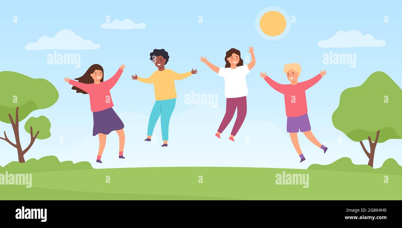 Kids jump on meadow. Cartoon happy children boys and girls playing outside. Childhood summer fun activity at park. Friendship vector concept Stock Vector