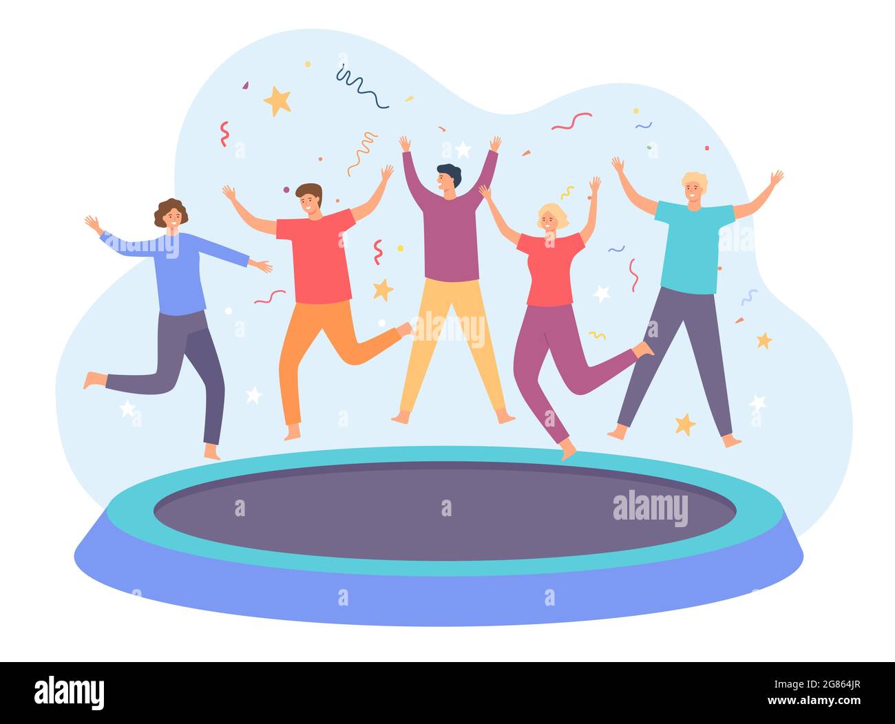 Teens on trampoline. Happy group of friends jumping and having fun. Energetic people leap on trampoline. Party entertainment vector concept Stock Vector