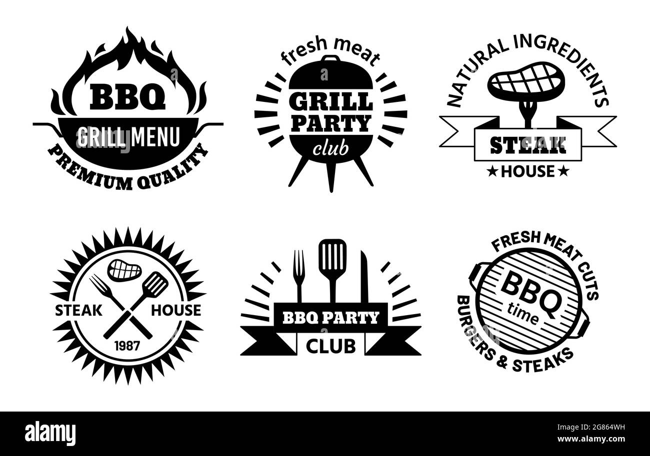 Bbq logo. Barbecue and steak house emblems for restaurant menu. Bbq club labels with hot grill, meat, sausage and cooking tools vector set Stock Vector