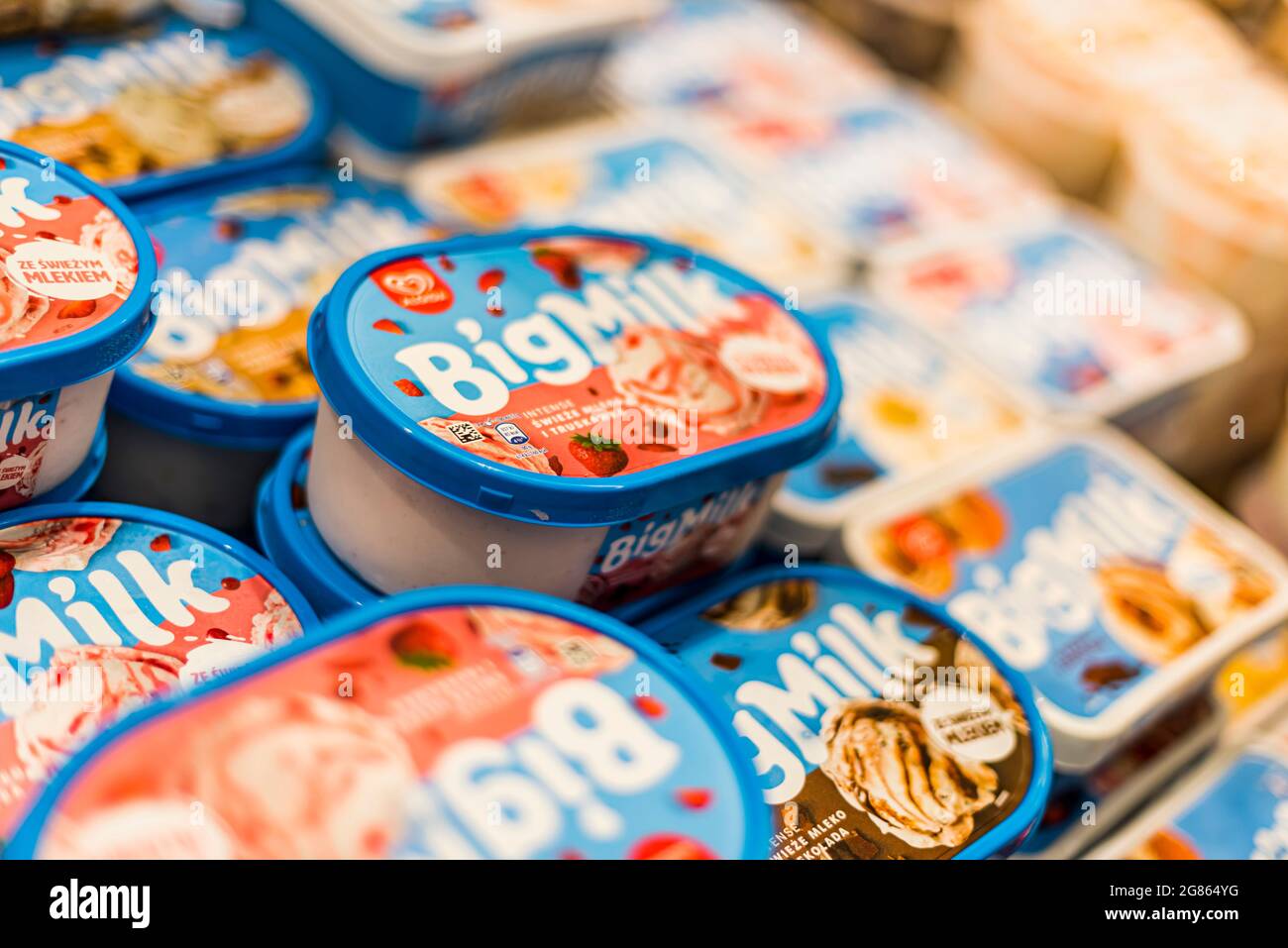 POZNAN, POL - APR 28, 2021: Algida ice cream products put up for sale in a commercial refrigerator Stock Photo