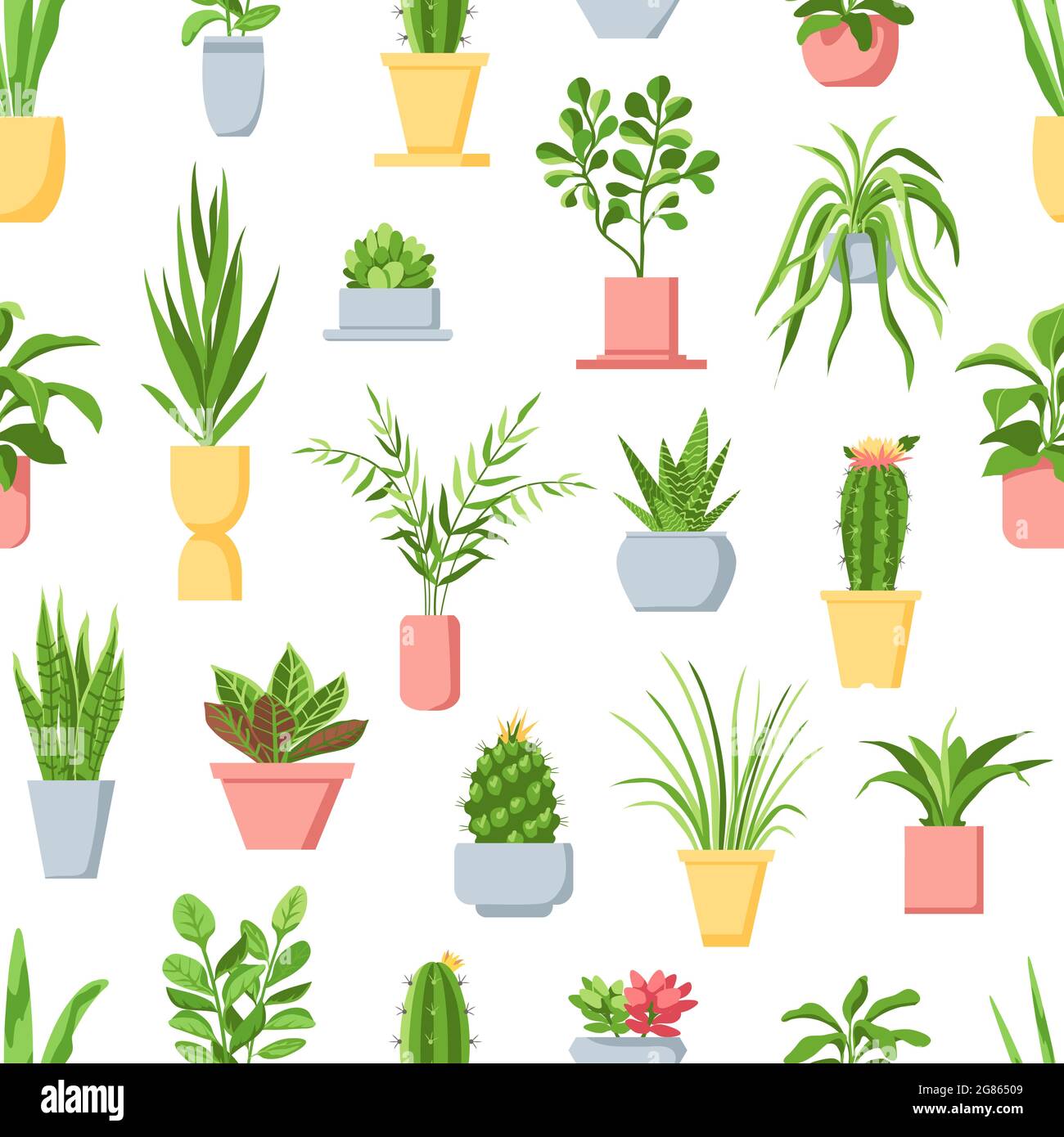 Pot plants seamless pattern. Houseplants, cactus and succulents, garden in pots home interior decor. Scandinavian style floral vector print Stock Vector