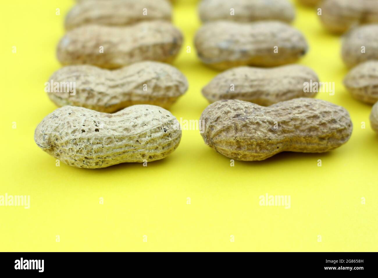 Peanuts Group of Arachis hypogaea on the yellow background Stock Photo