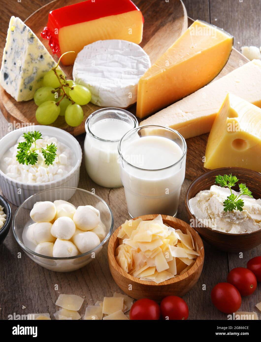 A variety of dairy products including cheese milk and yogurt Stock A variety of dairy products including cheese milk and yogurt Stock