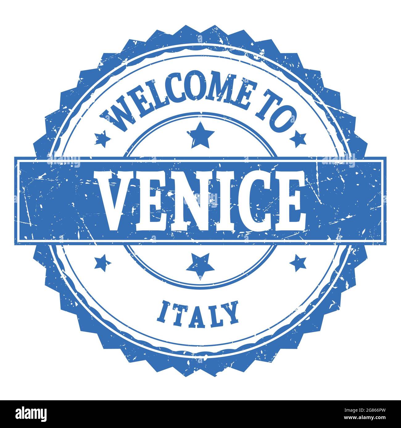 WELCOME TO VENICE - ITALY, words written on blue round zig zag stamp Stock  Photo - Alamy, image size:1300x1389