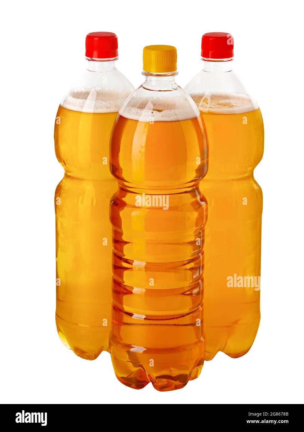 Beer on tap. These are three plastic bottles of natural draught beer in isolation on a white background. Assortment of alcoholic beverages. Layout for a beer store. Stock Photo