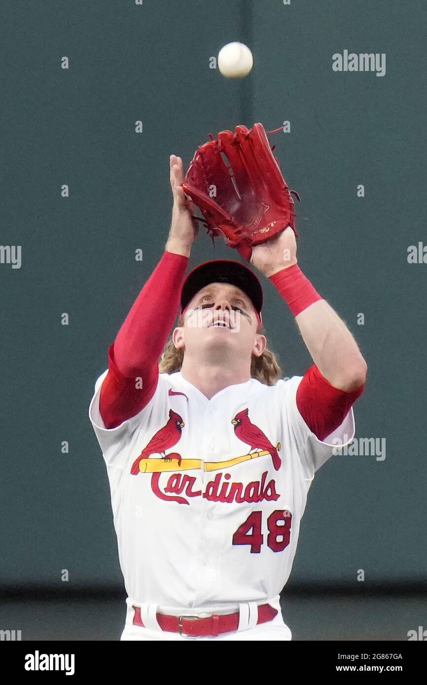 St. Louis, United States. 17th July, 2021. St. Louis Cardinals Harrison  Bader gets under a fly ball, making the catch on a ball off the bat of San  Francisco Giants Steven Dugger