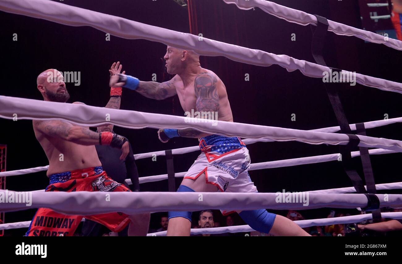 Hollywood, FL, USA. 16th July, 2021. Matt Delanoit, Rene Rodriguez pictured as Matt Delanoit defeats Rene Rodriguez in the main bout in the Bareknuckle Backyard Brawls at the Seminole Hard Rock & Casino on July 16, 2021 in Hollywood, Florida. Credit: Hoo Me.Com/Media Punch/Alamy Live News Stock Photo