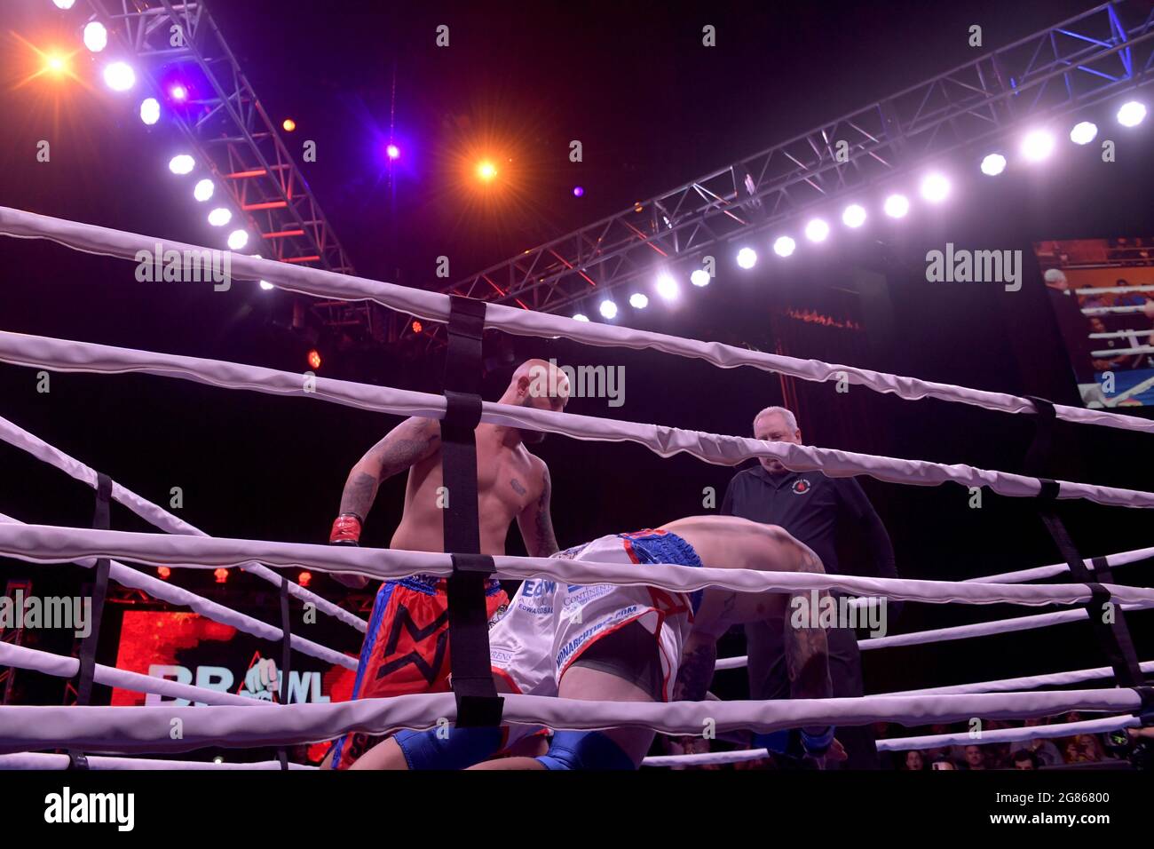 Hollywood, FL, USA. 16th July, 2021. Matt Delanoit, Rene Rodriguez pictured as Matt Delanoit defeats Rene Rodriguez in the main bout in the Bareknuckle Backyard Brawls at the Seminole Hard Rock & Casino on July 16, 2021 in Hollywood, Florida. Credit: Hoo Me.Com/Media Punch/Alamy Live News Stock Photo