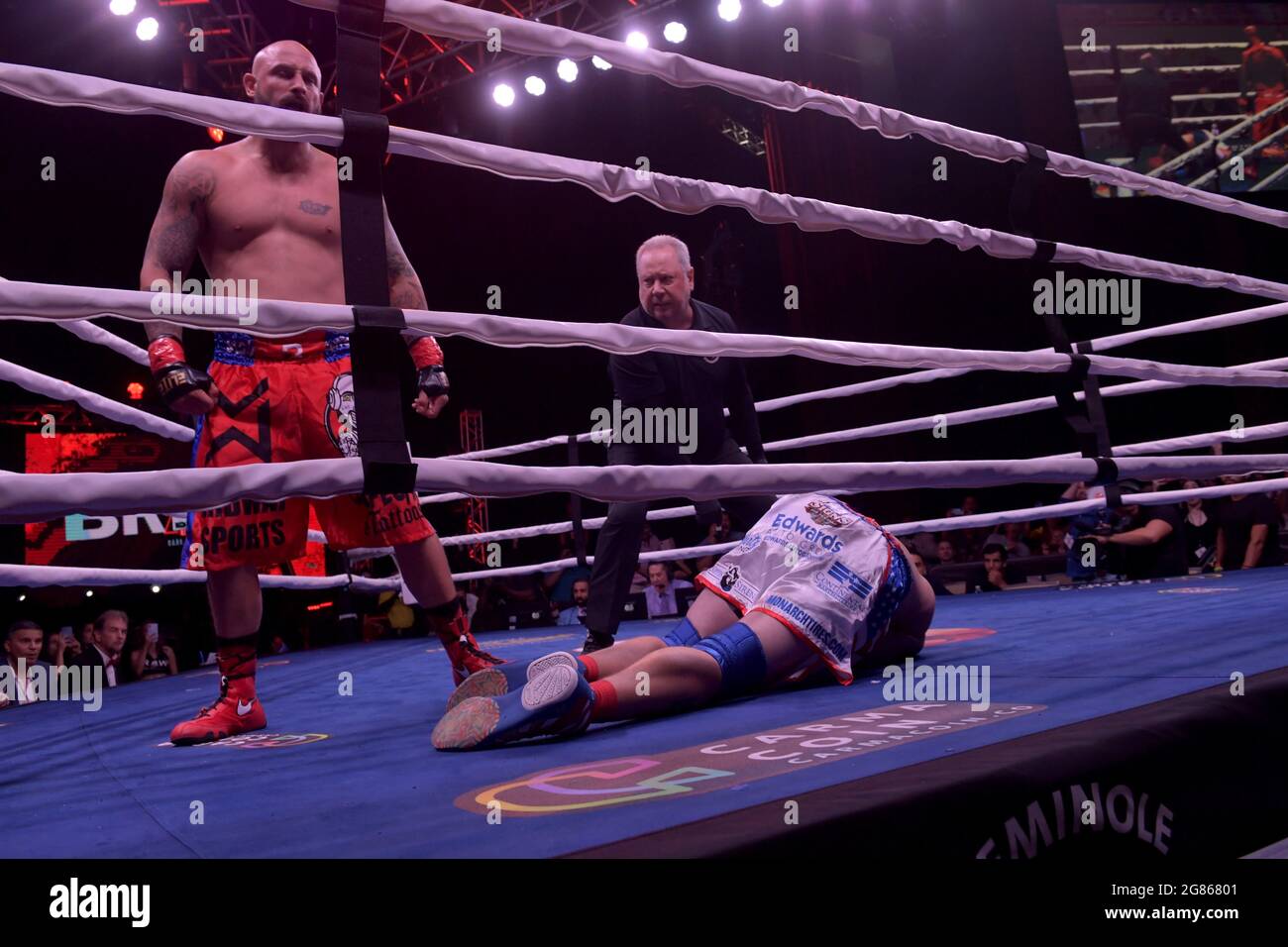 Hollywood, FL, USA. 16th July, 2021. Matt Delanoit, Rene Rodriguez pictured as Matt Delanoit defeats Rene Rodriguez in the main bout in the Bareknuckle Backyard Brawls at the Seminole Hard Rock & Casino on July 16, 2021 in Hollywood, Florida. Credit: Hoo Me.Com/Media Punch/Alamy Live News Stock Photo