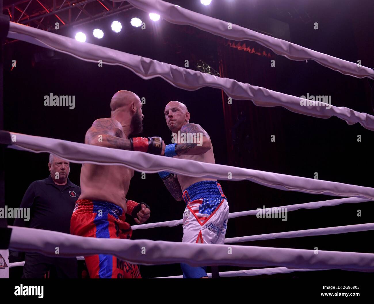 Hollywood, FL, USA. 16th July, 2021. Matt Delanoit, Rene Rodriguez pictured as Matt Delanoit defeats Rene Rodriguez in the main bout in the Bareknuckle Backyard Brawls at the Seminole Hard Rock & Casino on July 16, 2021 in Hollywood, Florida. Credit: Hoo Me.Com/Media Punch/Alamy Live News Stock Photo