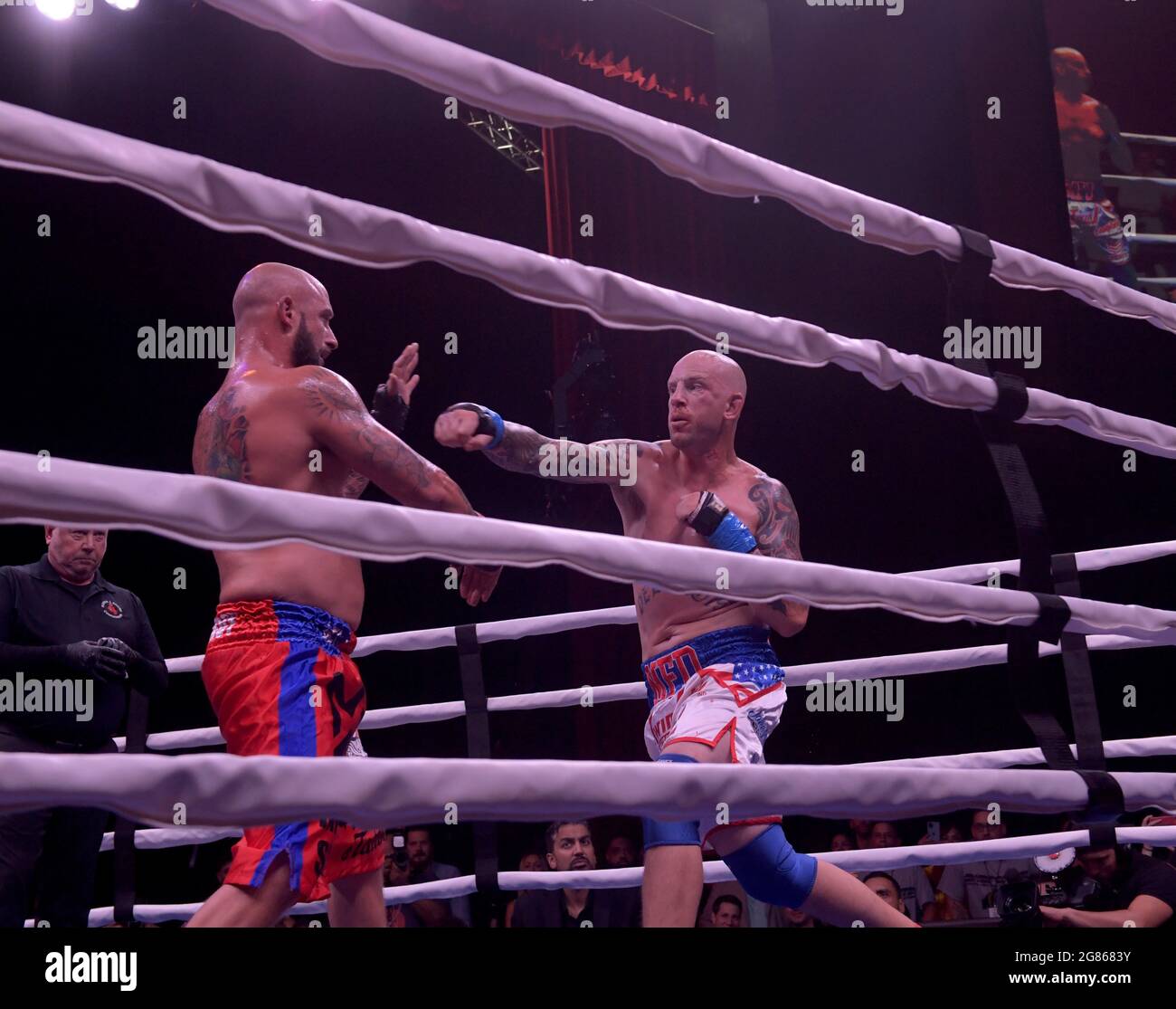 Hollywood, FL, USA. 16th July, 2021. Matt Delanoit, Rene Rodriguez pictured as Matt Delanoit defeats Rene Rodriguez in the main bout in the Bareknuckle Backyard Brawls at the Seminole Hard Rock & Casino on July 16, 2021 in Hollywood, Florida. Credit: Hoo Me.Com/Media Punch/Alamy Live News Stock Photo