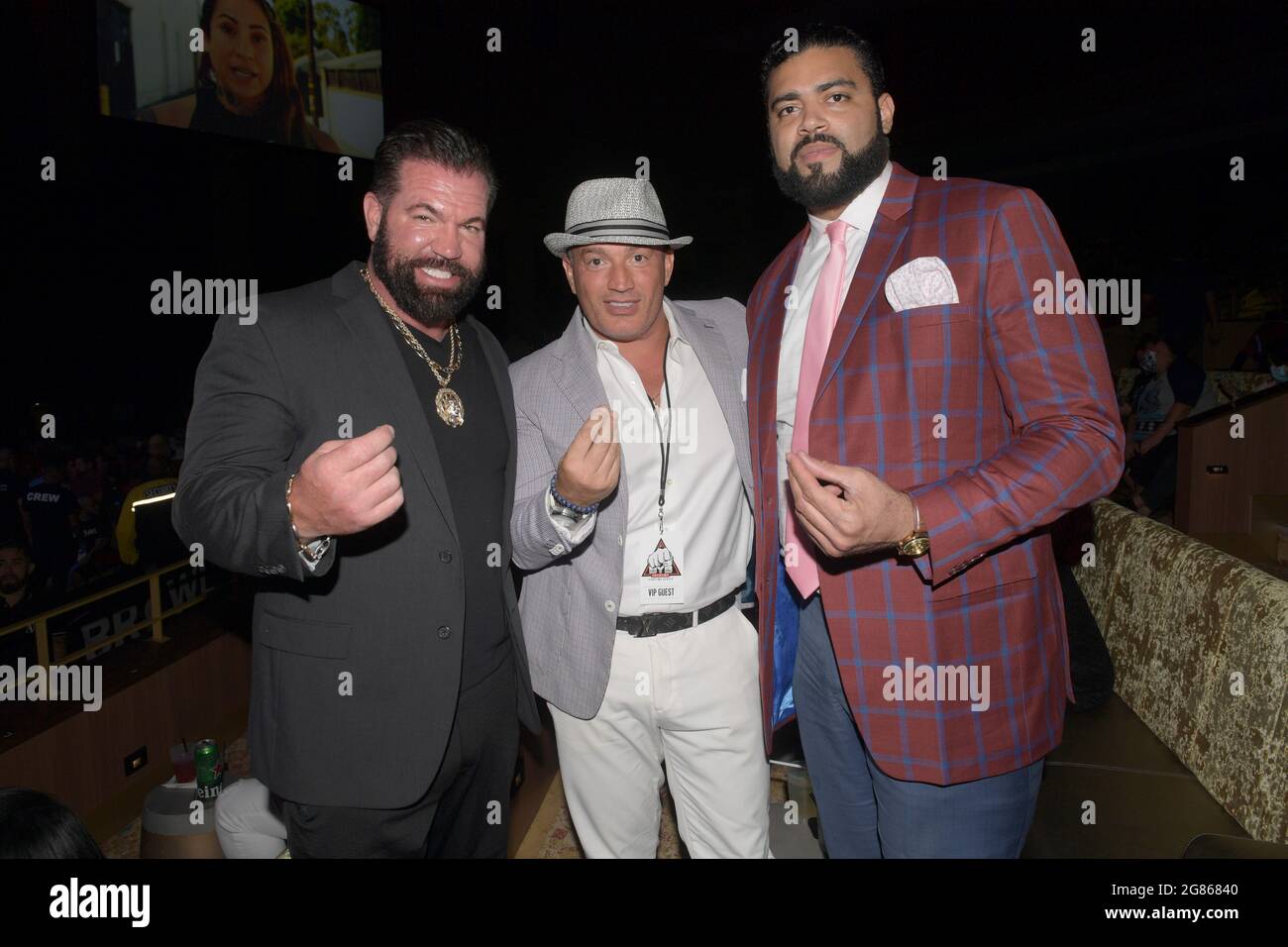Hollywood, FL, USA. 16th July, 2021. Bruce Soscia, Massimo Battista, Kris Doura pictured as Matt Delanoit defeats Rene Rodriguez in the main bout in the Bareknuckle Backyard Brawls at the Seminole Hard Rock & Casino on July 16, 2021 in Hollywood, Florida. Credit: Hoo Me.Com/Media Punch/Alamy Live News Stock Photo