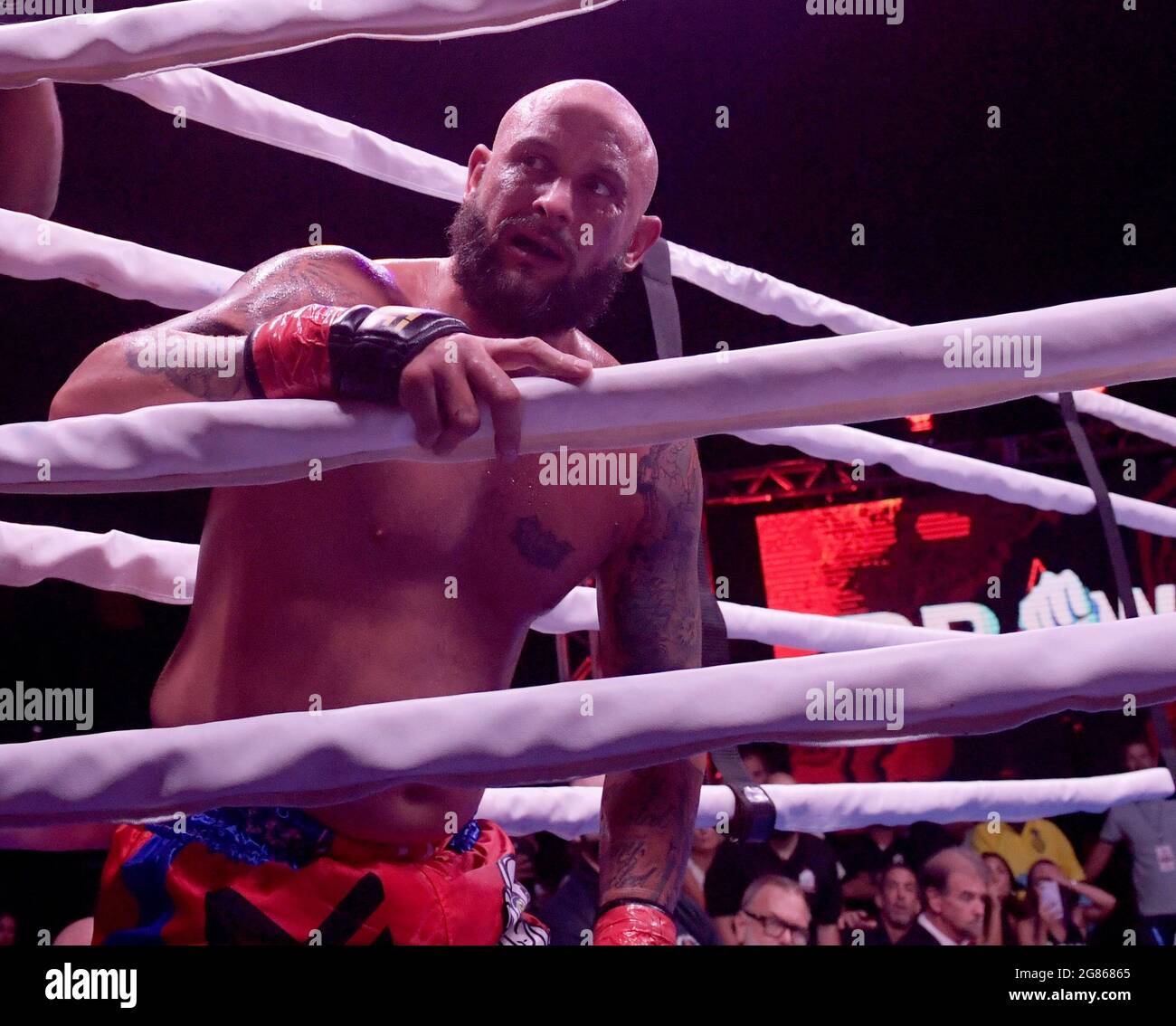 Hollywood, FL, USA. 16th July, 2021. Matt Delanoit, Rene Rodriguez pictured as Matt Delanoit defeats Rene Rodriguez in the main bout in the Bareknuckle Backyard Brawls at the Seminole Hard Rock & Casino on July 16, 2021 in Hollywood, Florida. Credit: Hoo Me.Com/Media Punch/Alamy Live News Stock Photo