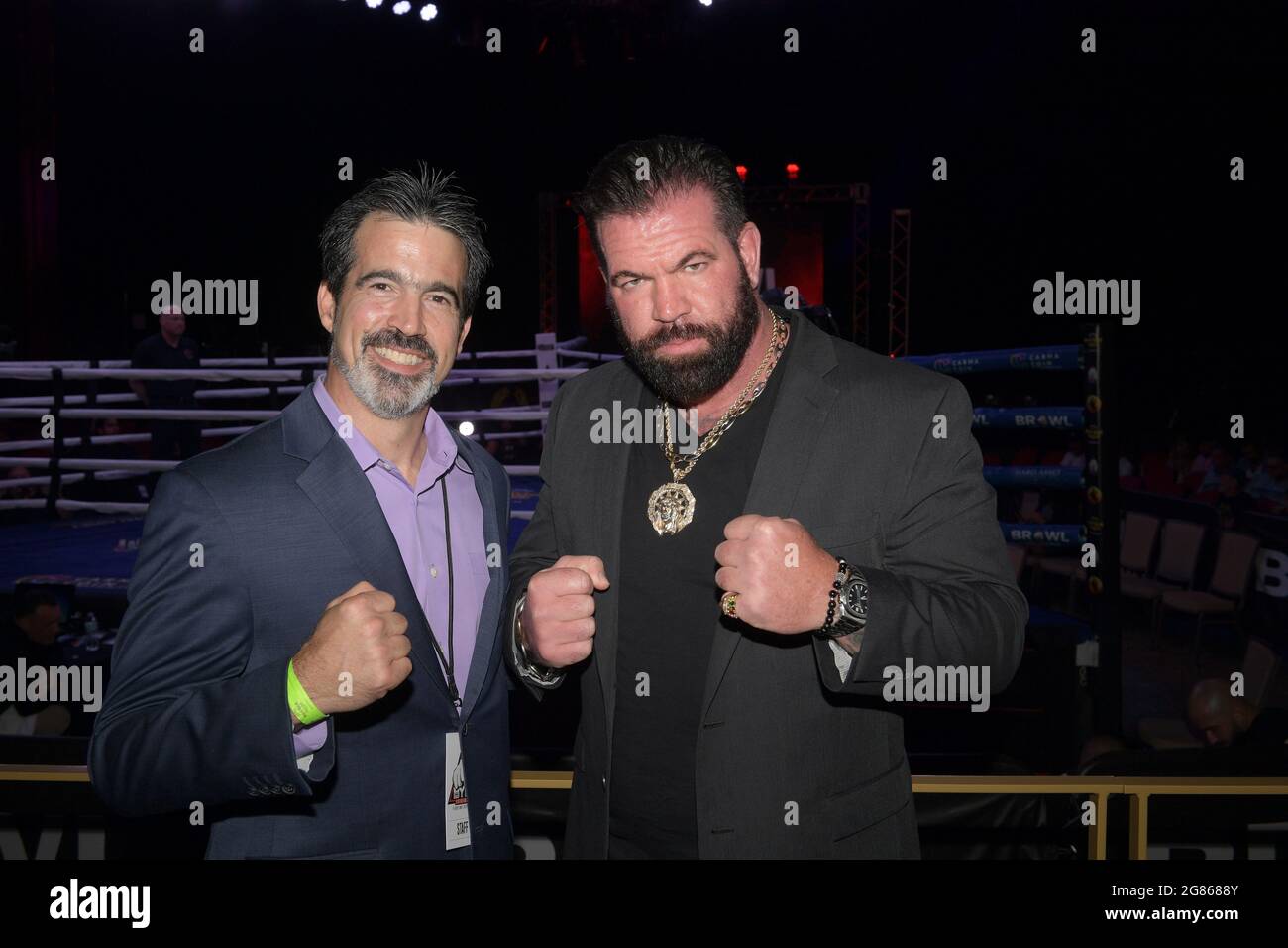 Hollywood, FL, USA. 16th July, 2021. Mike Vazquez, Bruce Soscia pictured as Matt Delanoit defeats Rene Rodriguez in the main bout in the Bareknuckle Backyard Brawls at the Seminole Hard Rock & Casino on July 16, 2021 in Hollywood, Florida. Credit: Hoo Me.Com/Media Punch/Alamy Live News Stock Photo