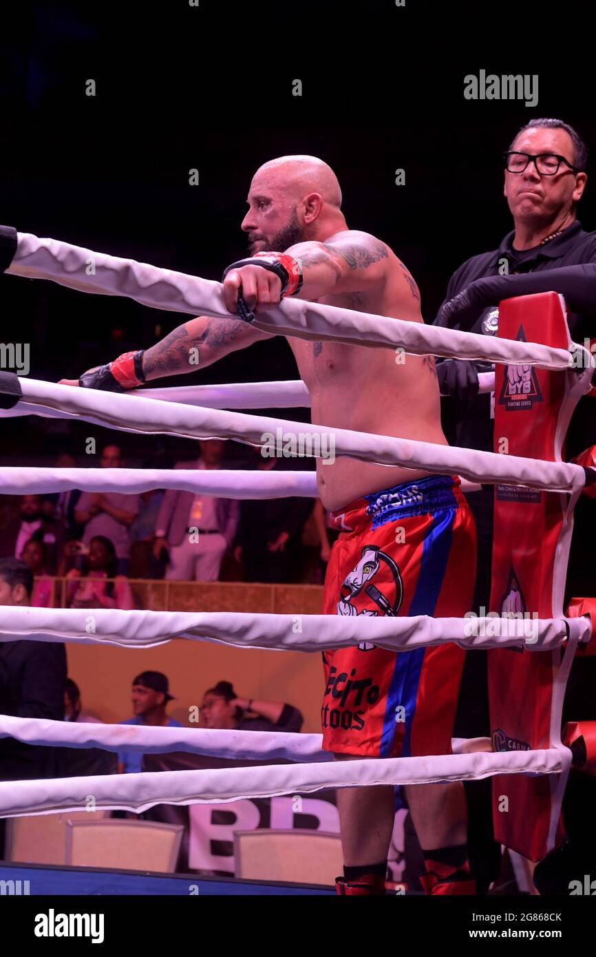 Hollywood, FL, USA. 16th July, 2021. Rene Rodriguez pictured as Matt Delanoit defeats Rene Rodriguez in the main bout in the Bareknuckle Backyard Brawls at the Seminole Hard Rock & Casino on July 16, 2021 in Hollywood, Florida. Credit: Hoo Me.Com/Media Punch/Alamy Live News Stock Photo