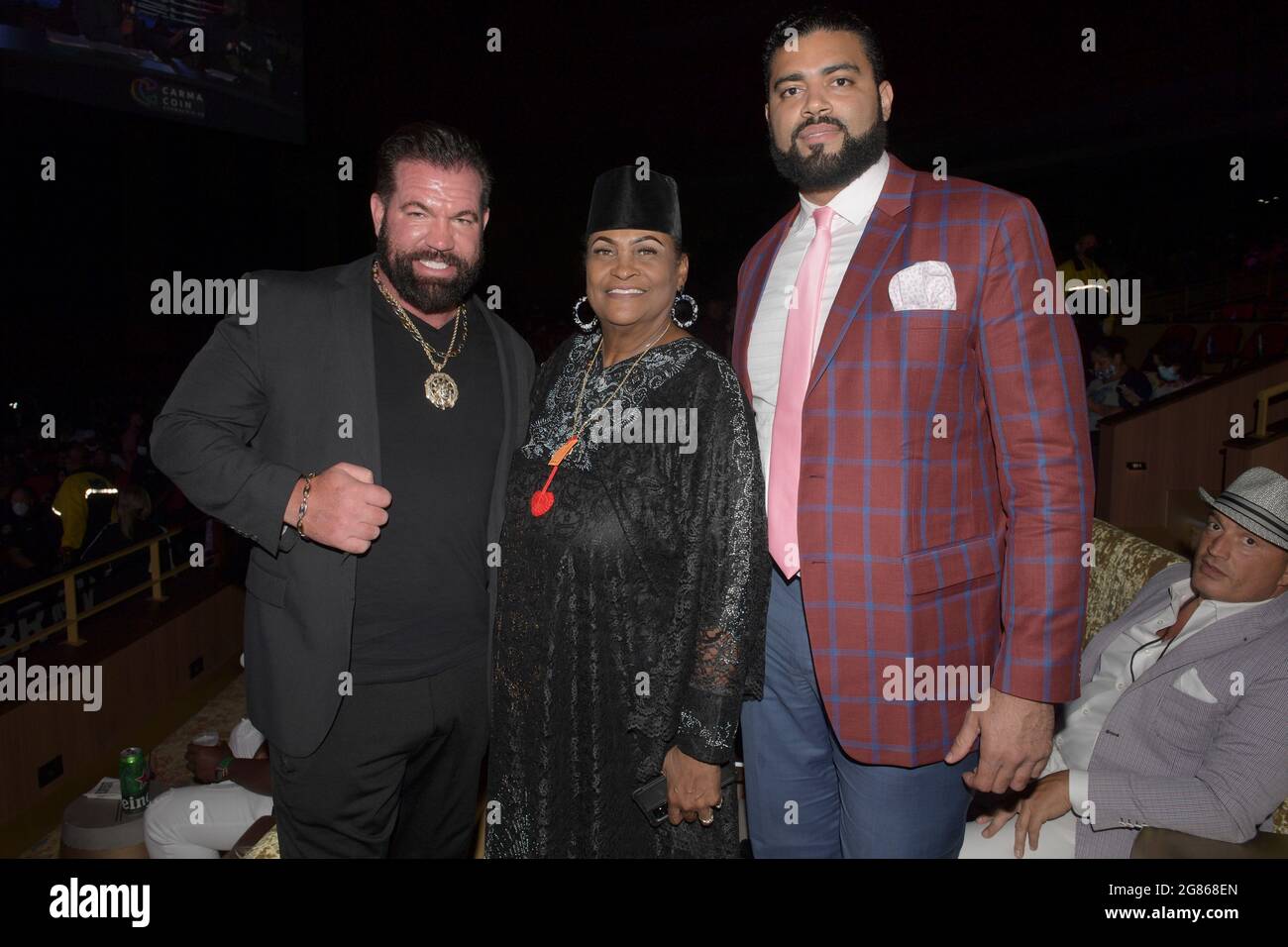 Hollywood, FL, USA. 16th July, 2021. Bruce Soscia, Khalilah Ali, Kris Doura pictured as Matt Delanoit defeats Rene Rodriguez in the main bout in the Bareknuckle Backyard Brawls at the Seminole Hard Rock & Casino on July 16, 2021 in Hollywood, Florida. Credit: Hoo Me.Com/Media Punch/Alamy Live News Stock Photo