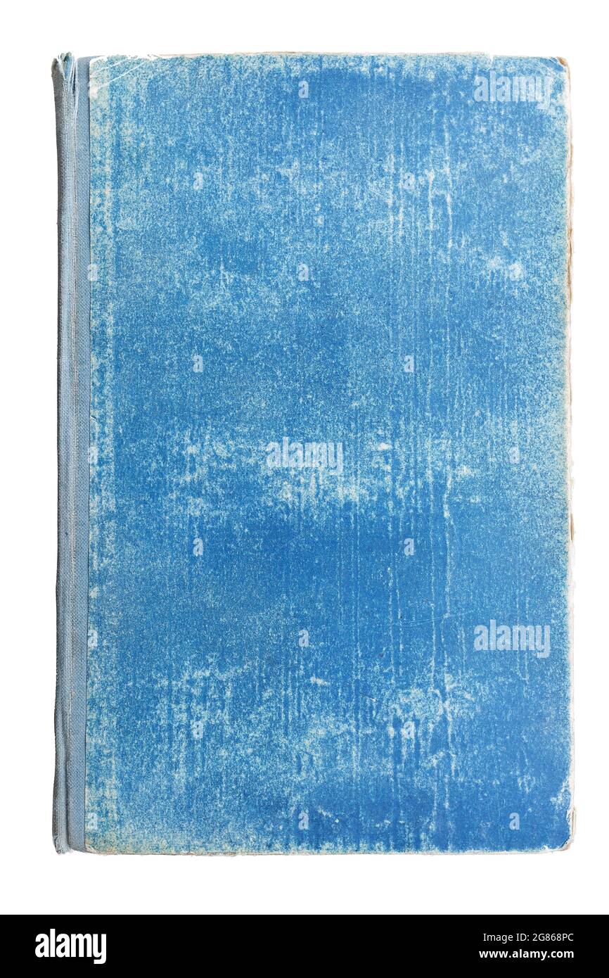 The beginning of the book. A blank blue page of an old book with texture and binding made of textile material. Flyleaf of an old book. Stock Photo