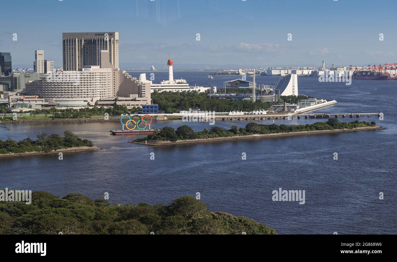 Tokyo, Japan. 17th July, 2021. A floating set of the Olympic rings are on display at Tokyo Bay area, in Tokyo, Japan, July 17, 2021. Credit: Yang Lei/Xinhua/Alamy Live News Stock Photo