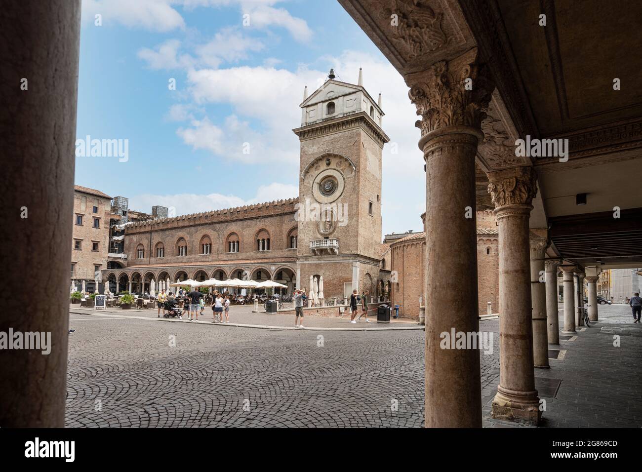 Mantua, Italy. July 13, 2021.  view of the clock tower in Piazza delle Erbe in the city center Stock Photo