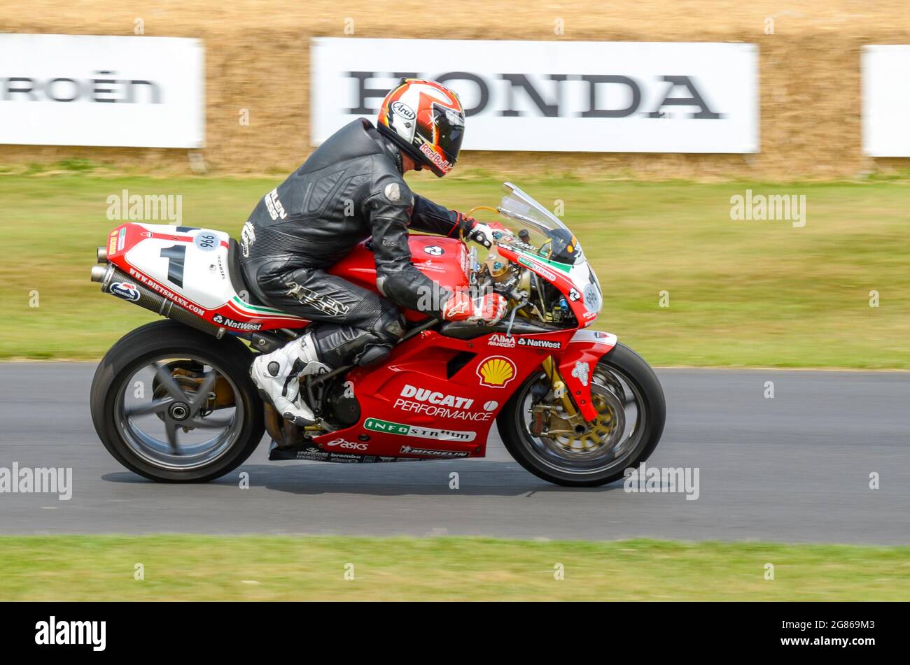 Ducati 996 motorcycle of Carl Fogarty on the hill climb at the