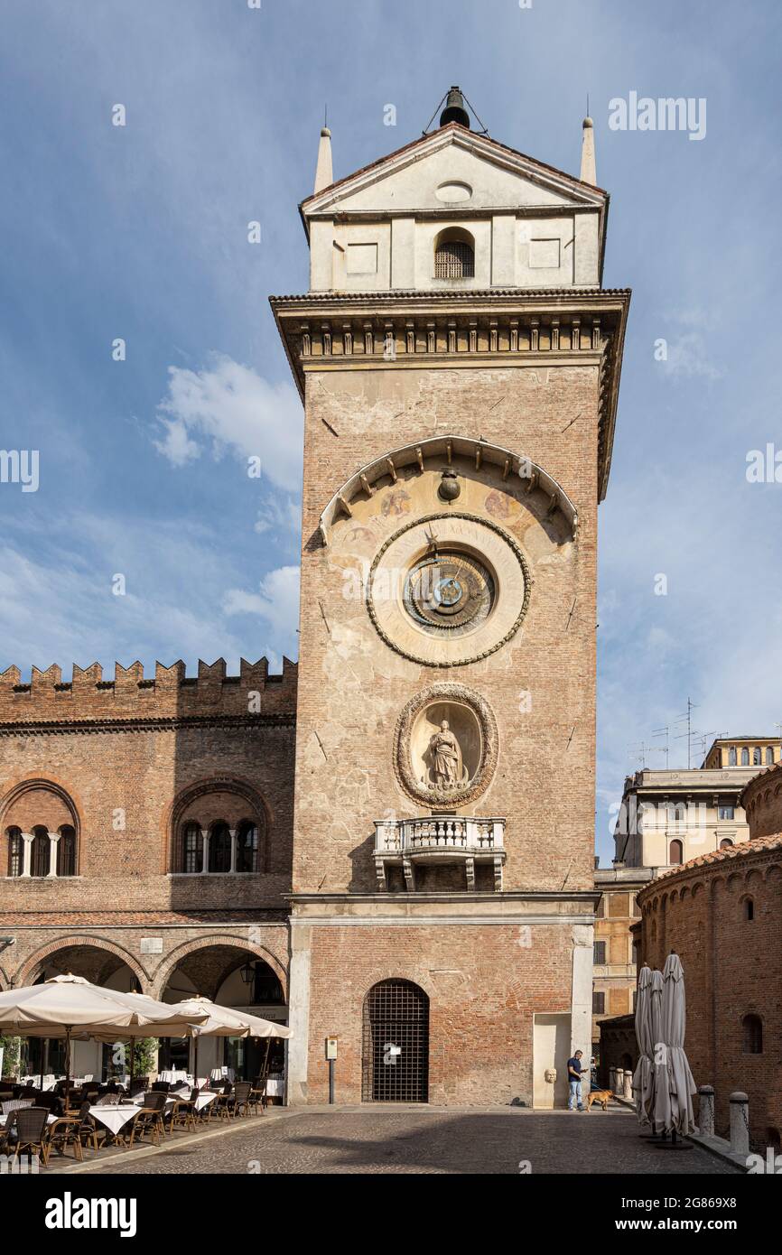 Mantua, Italy. July 13, 2021.  view of the clock tower in Piazza delle Erbe in the city center Stock Photo