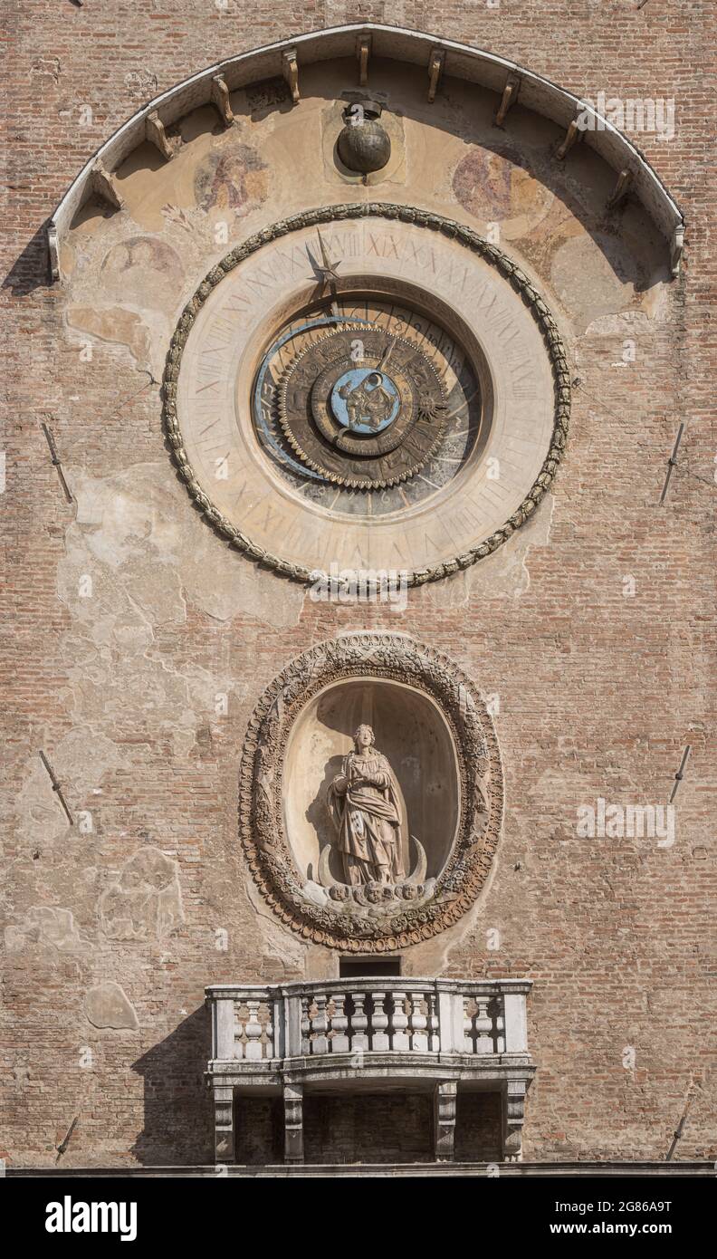 Mantua, Italy. July 13, 2021.  Detail of the clock tower in Piazza delle Erbe in the city center Stock Photo