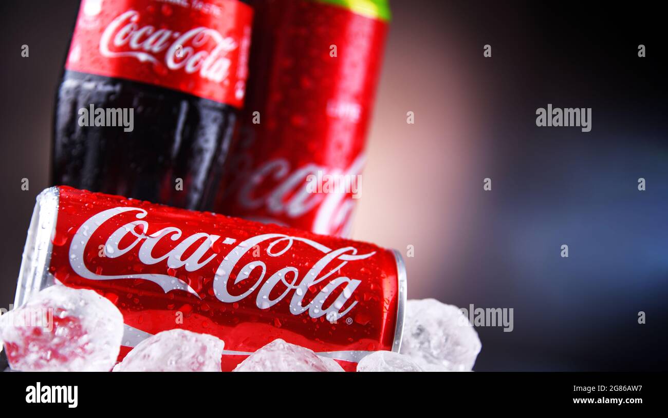 Poznan pol may 13 2021 bottle and cans of coca cola a carbonated