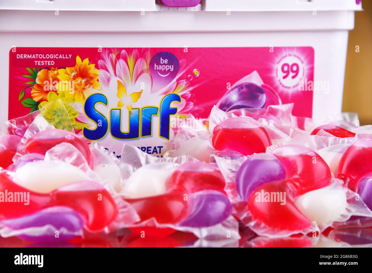 POZNAN, POL - JUN 10, 2021: A box of Surf capsule laundry detergent product, manufactured and marketed by Unilever Stock Photo