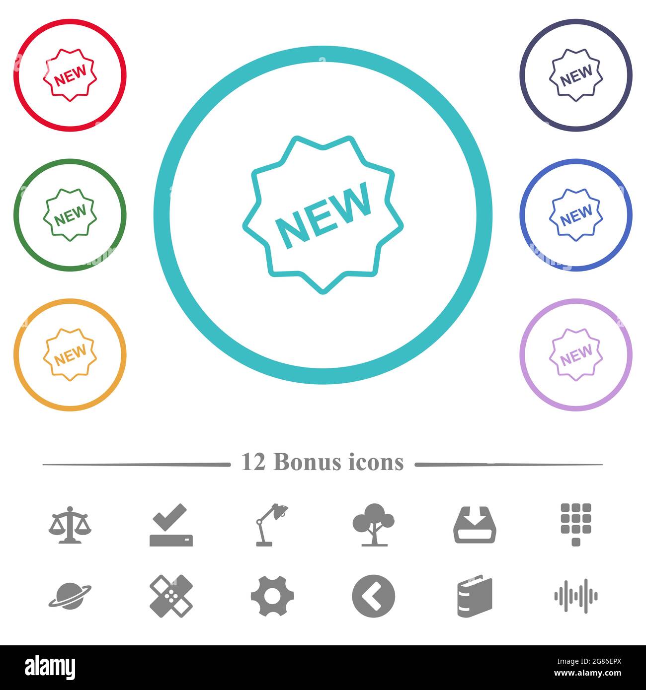 New badge outline flat color icons in circle shape outlines. 12 bonus ...