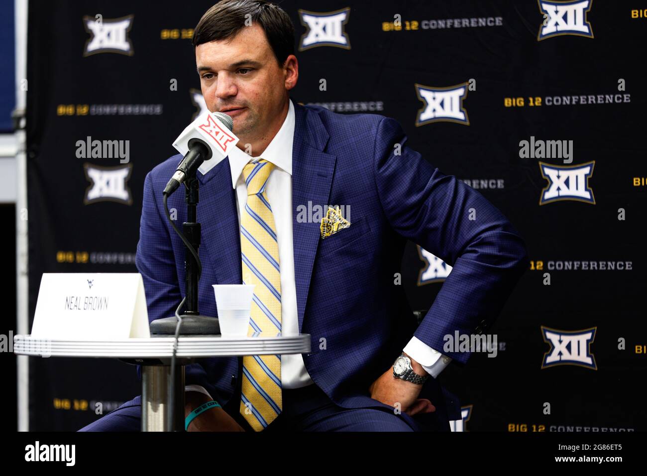 West Virginia Mountaineers head coach Neal Brown speaks during Big 12 ...