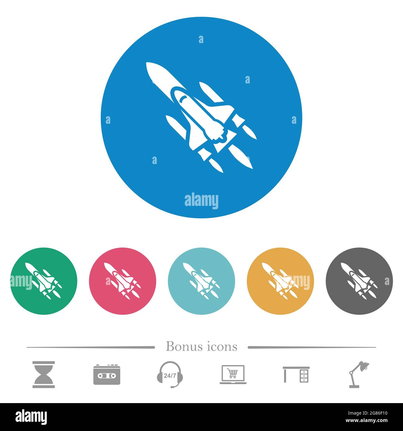 Space shuttle with launchers flat white icons on round color ...
