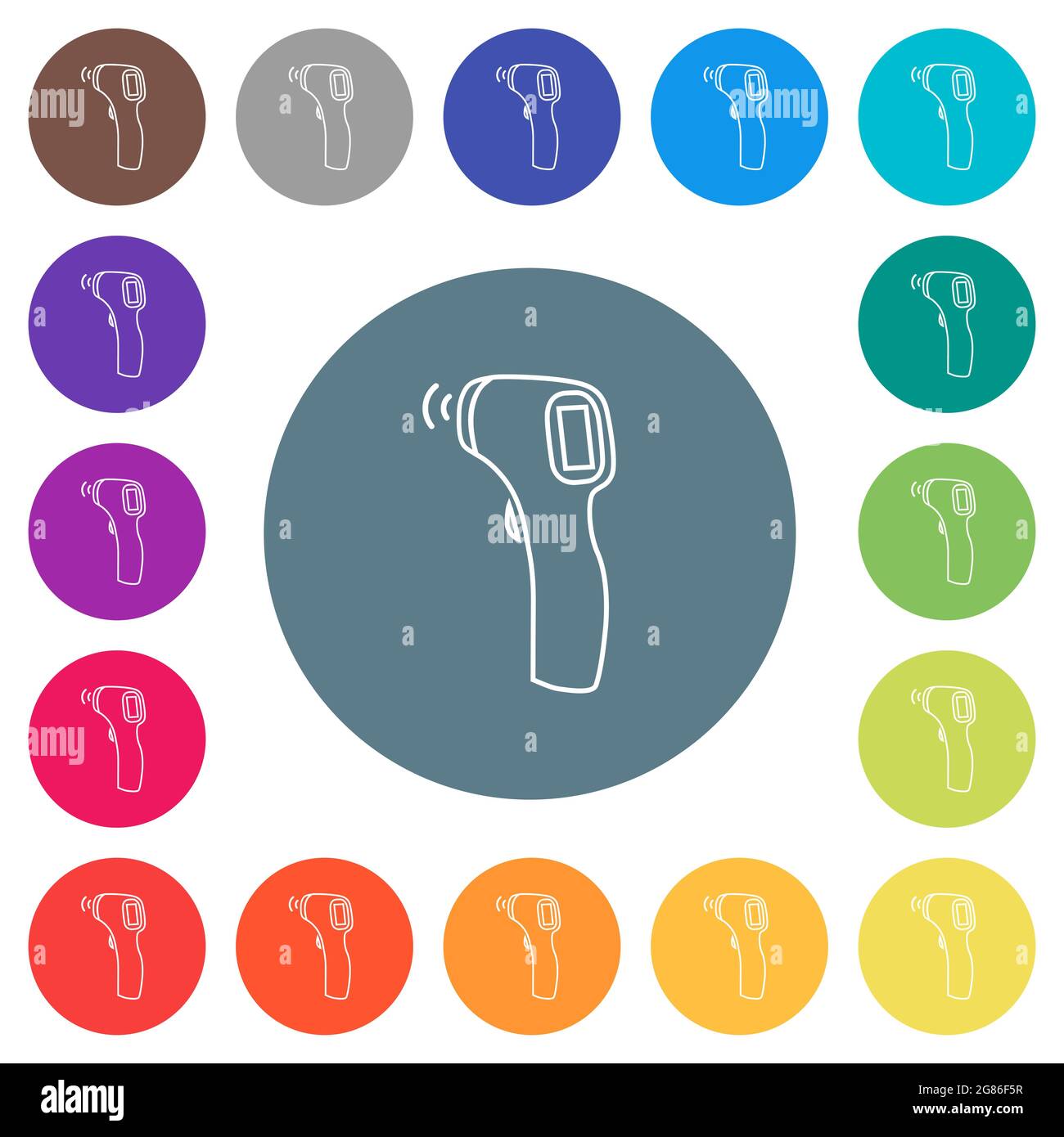 Contactless thermometer flat white icons on round color backgrounds. 17 ...