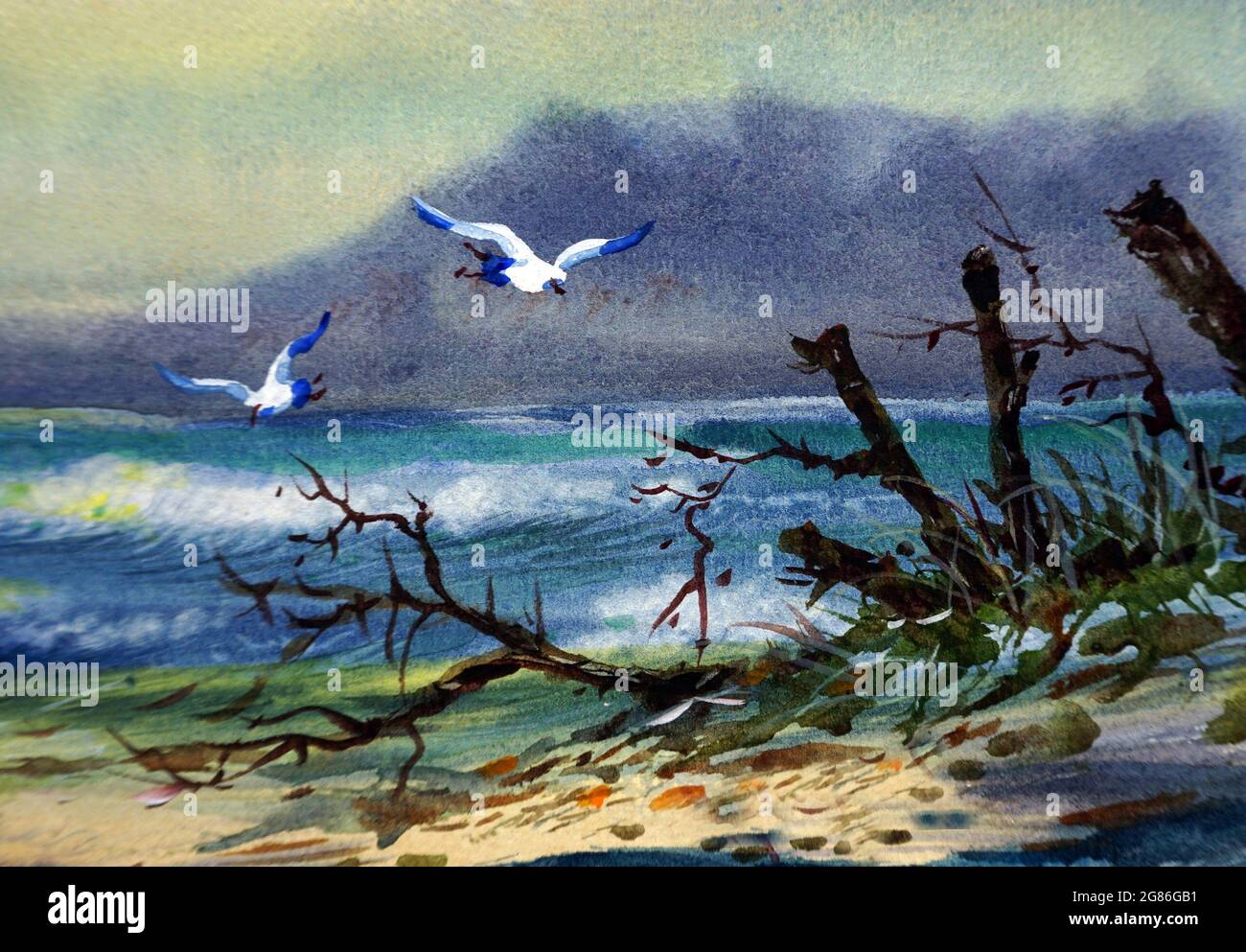 Art painting Hand drawn   waterColor sea wave boat  .  birds , coast , seascape , sea , Beach , wave , view , seashore , seaboard , bay Stock Photo