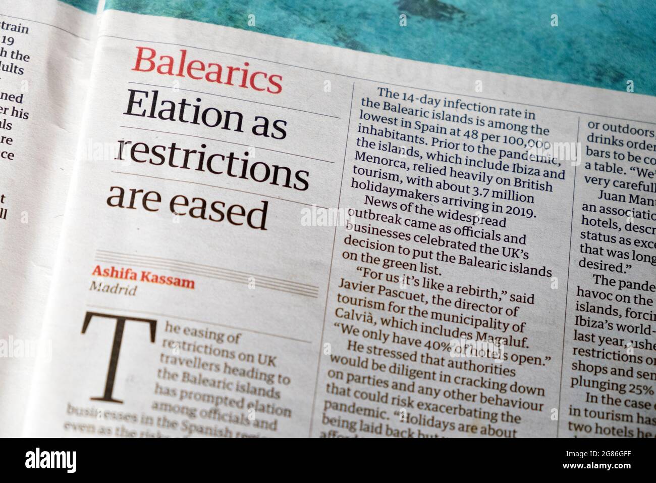 Newspaper headline 'Balearics - Elation as restrictions are eased' UK easing of covid pandemic restrictions on tourism travel 20 June 2021 England GB Stock Photo