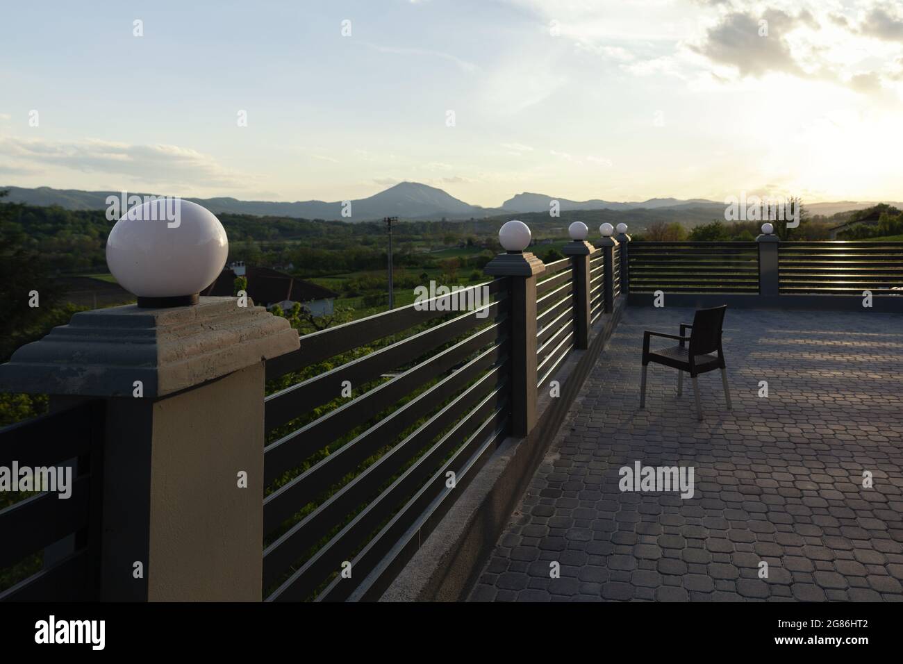 balcony in the countryside, sunset view Stock Photo