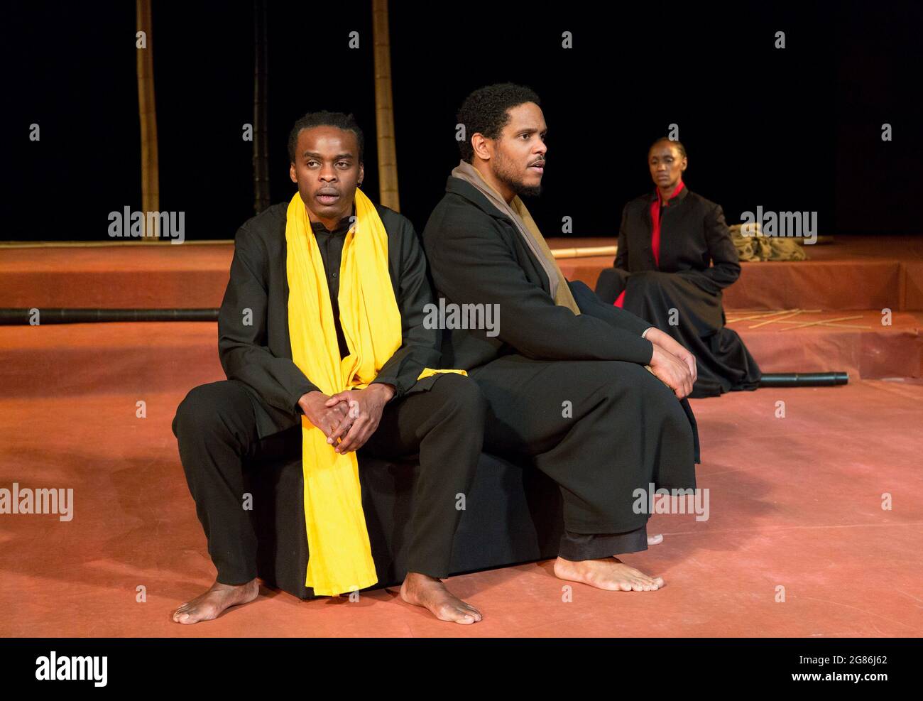 l-r: Ery Nzaramba, Jared McNeill, Carole Karemerain BATTLEFIELD at the The  Young Vic, London SE1 05/02/2016 a Theatre des Bouffes du Nord  co-production based on The Mahabarata and the play by Jean-Claude