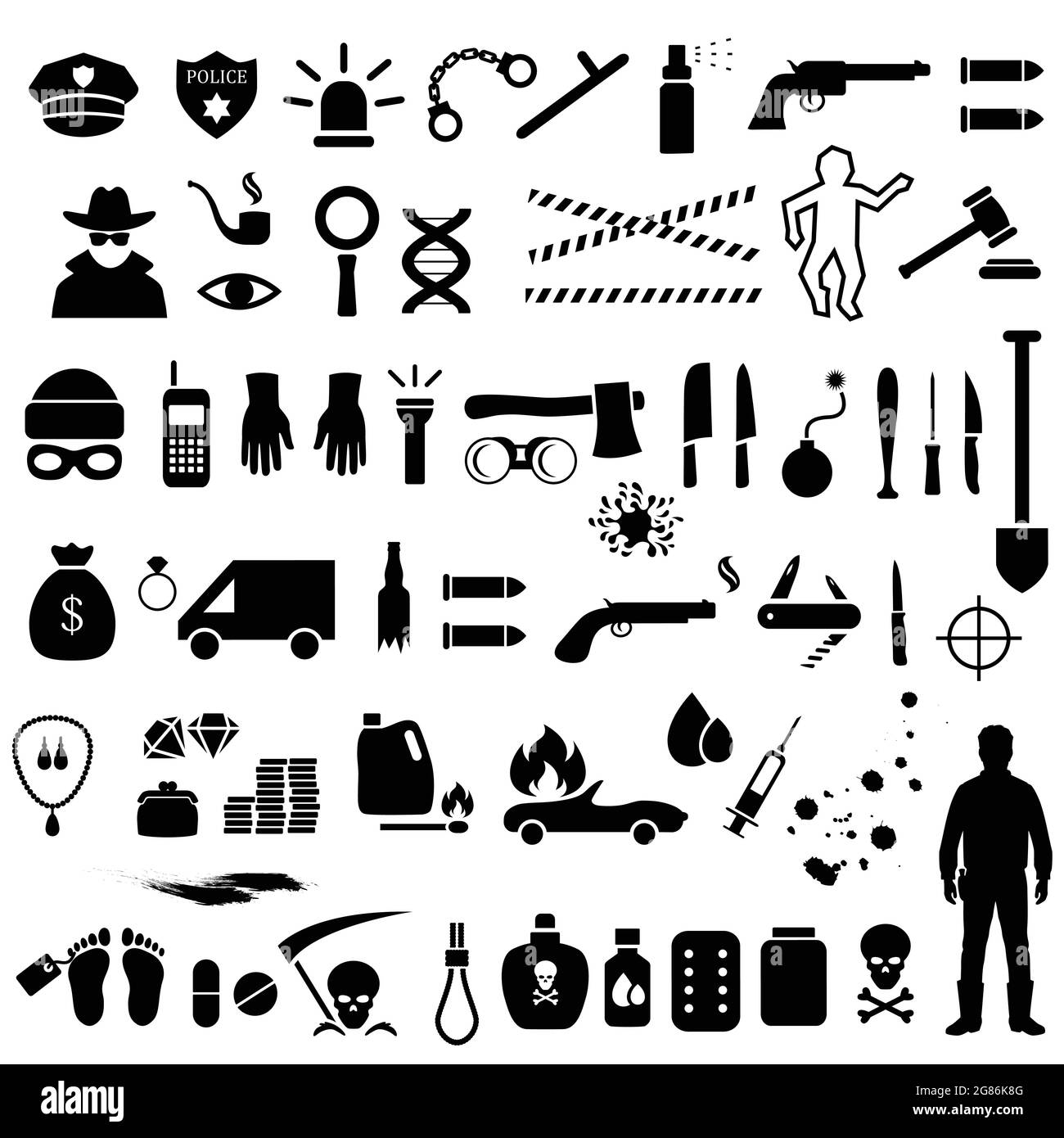 vector crime icons, police, law criminal illustration Stock Vector