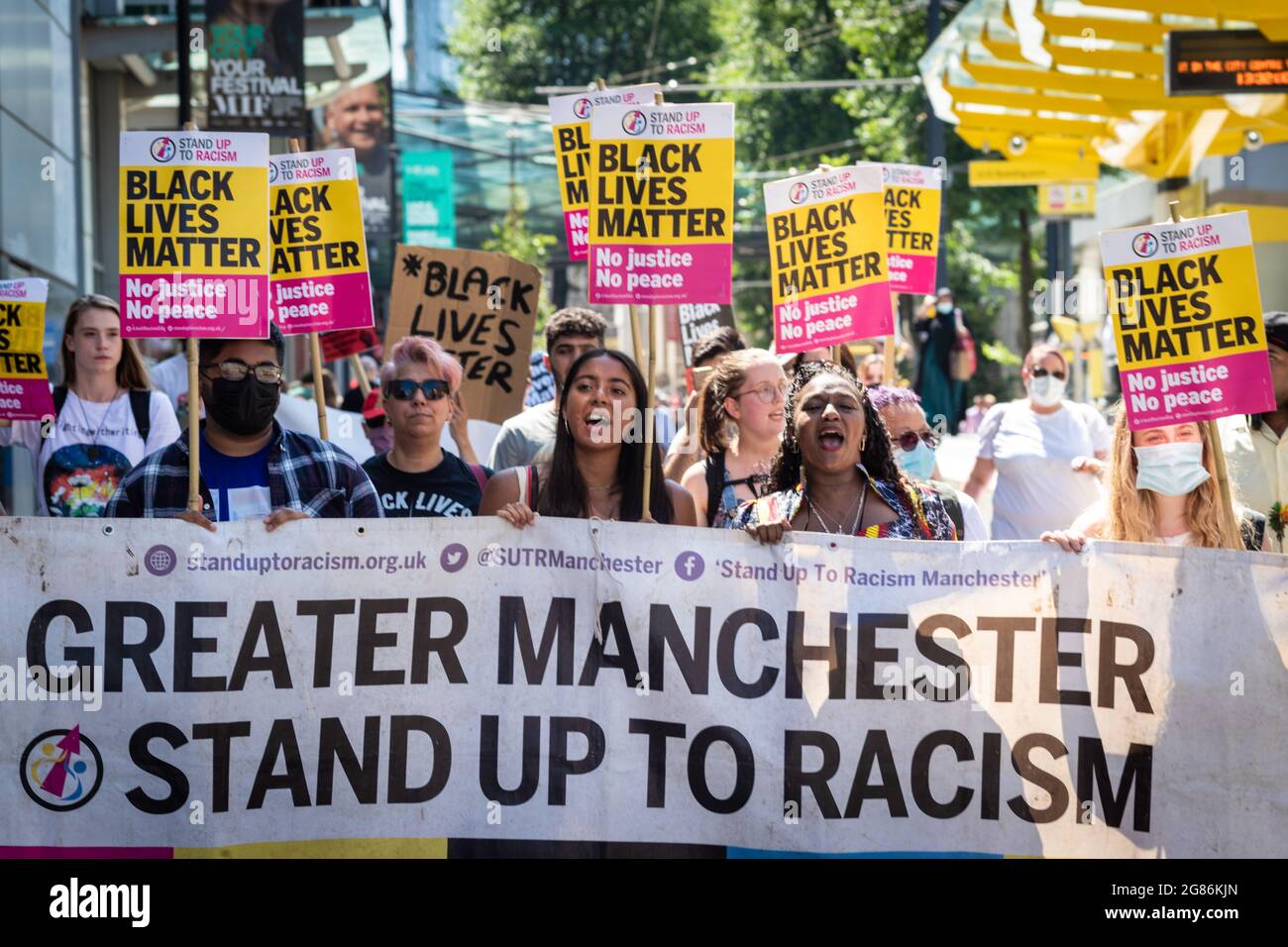 Manchester, UK. 17th July, 2021. People march through the city to stand in solidarity with Saka, Rashford and Sancho.ÊHundreds of people show their solidarity for the football players who were racially targeted after Englands defeat to Italy in the final of the Euro 2020 final. Credit: Andy Barton/Alamy Live News Stock Photo