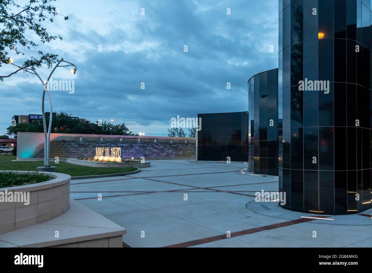 Lubbock, Texas - A memorial for the 26 persons killed and 500 injured in the 1970 F5 tornado that struck the city's central business district. Stock Photo