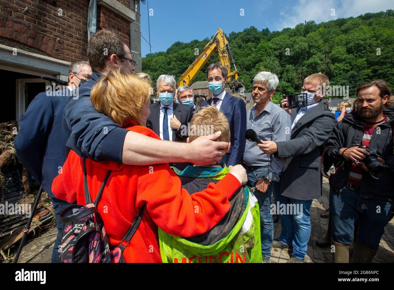 Didier Reynders and Prime Minister Alexander De Croo pictured during a visit to Pepinster, where heavy rainfall caused severe floods, Saturday 17 July Stock Photo