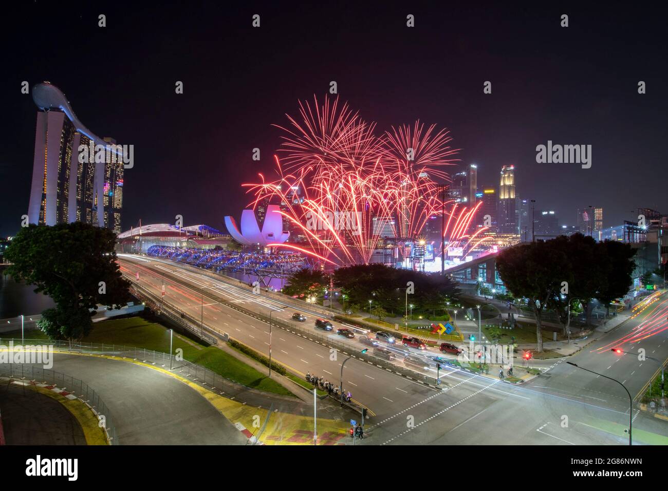 Singapore. 17th July, 2021. Fireworks light up the sky during the National Day Parade rehearsal held at Singapore's Marina Bay on July 17, 2021. Credit: Then Chih Wey/Xinhua/Alamy Live News Stock Photo