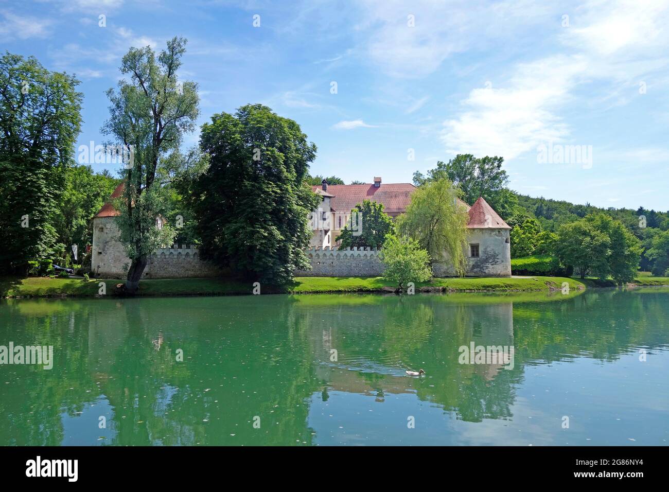 Otocec Castle on the isle of Krka River, Dolenjska, Slovenija Stock Photo