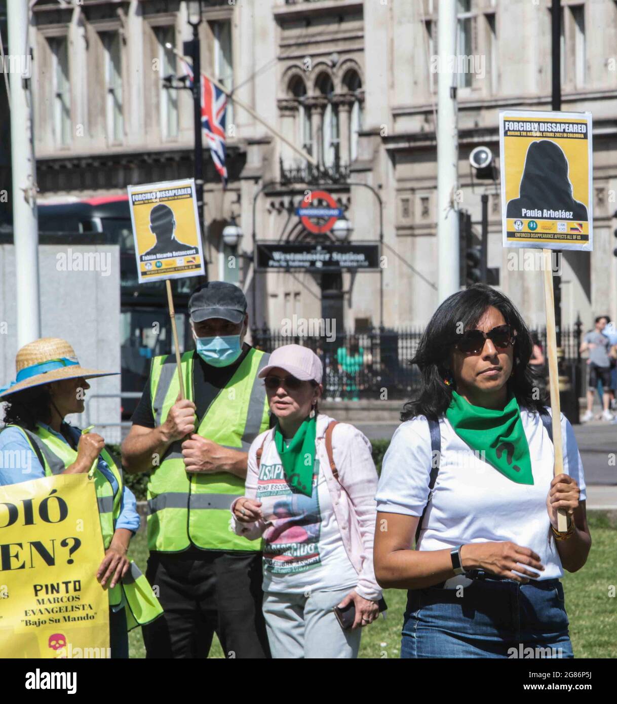 London, UK. 17 July 2021. Colombians come together in Parliament Square to protest against the involvement of the government in the disappearance of young people who go to the streets of Colombia to protest against the regime of  Ivan Duque Marquez, who many believe has been receiving bribes from drugs barons.  The placard read who gave the order and Generals of the colomboian army are lined up below Paul Quezada-Neiman/ Alamy Live News Stock Photo