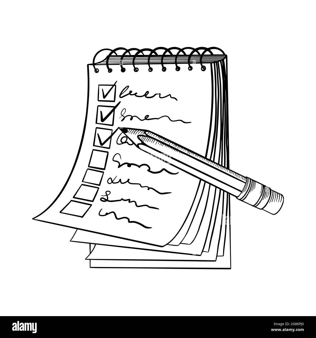 Paper notebook with pencil. Black sketch on white background. Vector